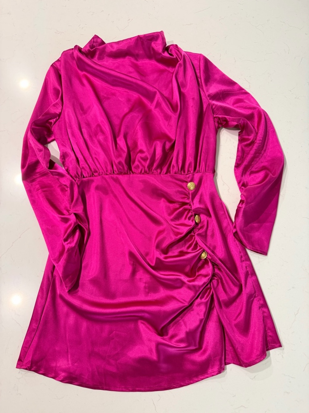 Girls' Satin Long-Sleeve Dress in Bright Fuchsia